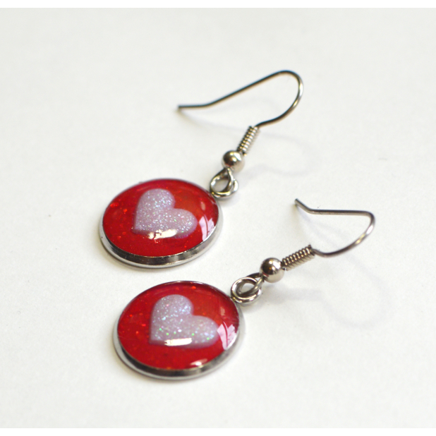 Valentines Day Romantic Red and Pink Hearts Resin Sparkle Earrings